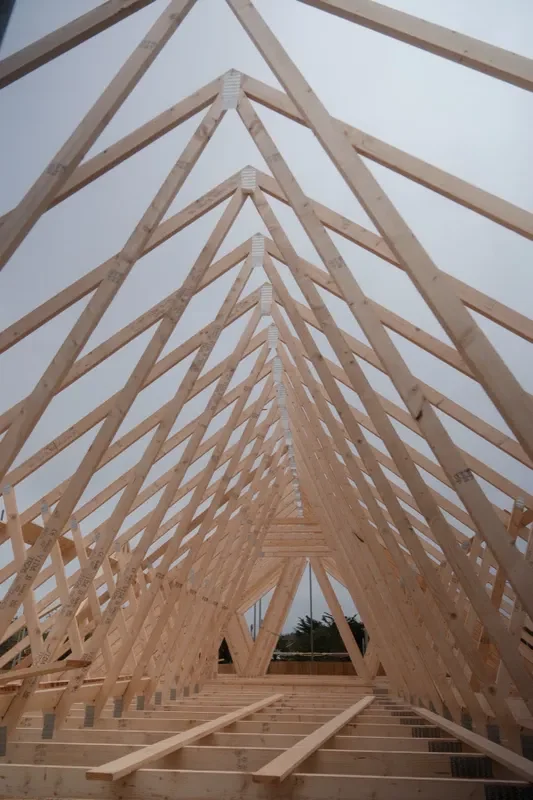 Internal view through the new timber roof trusses on Plot One