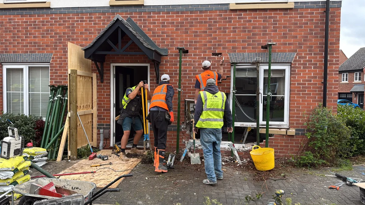 LME team working outside the damaged house in Derby with temporary props in place
