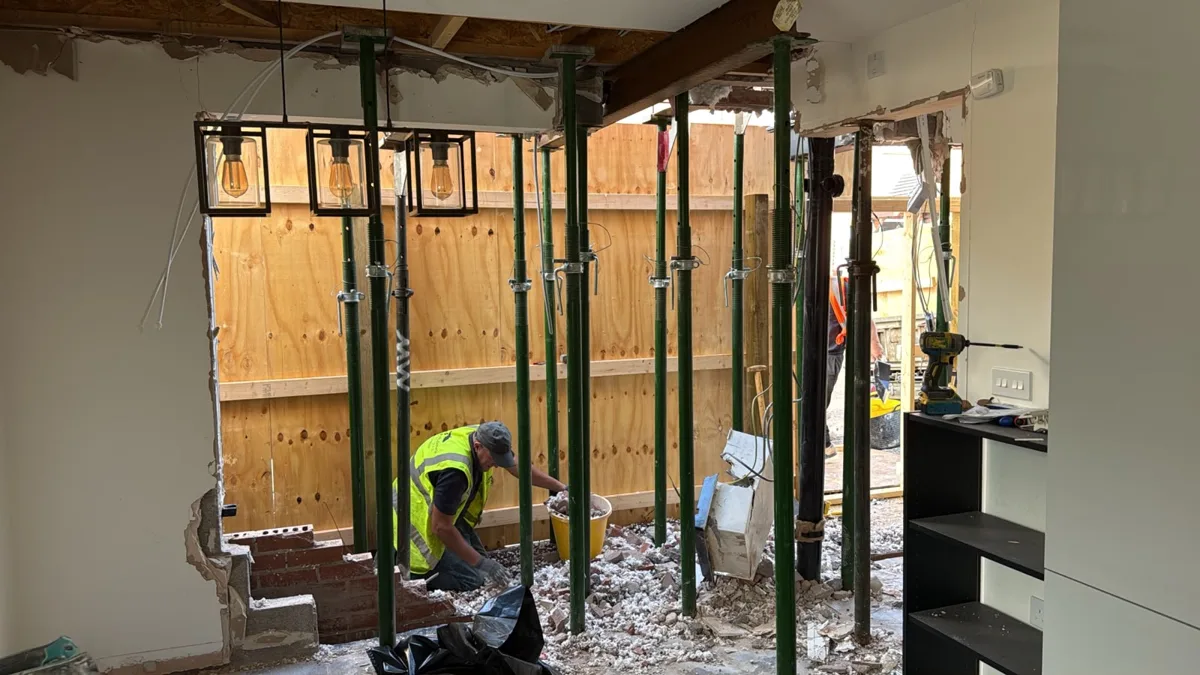 Temporary props supporting the damaged wall opening during the Derby repair